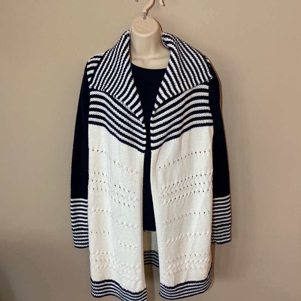 Talbots Cream & Navy Stripe Open Cardigan  Small